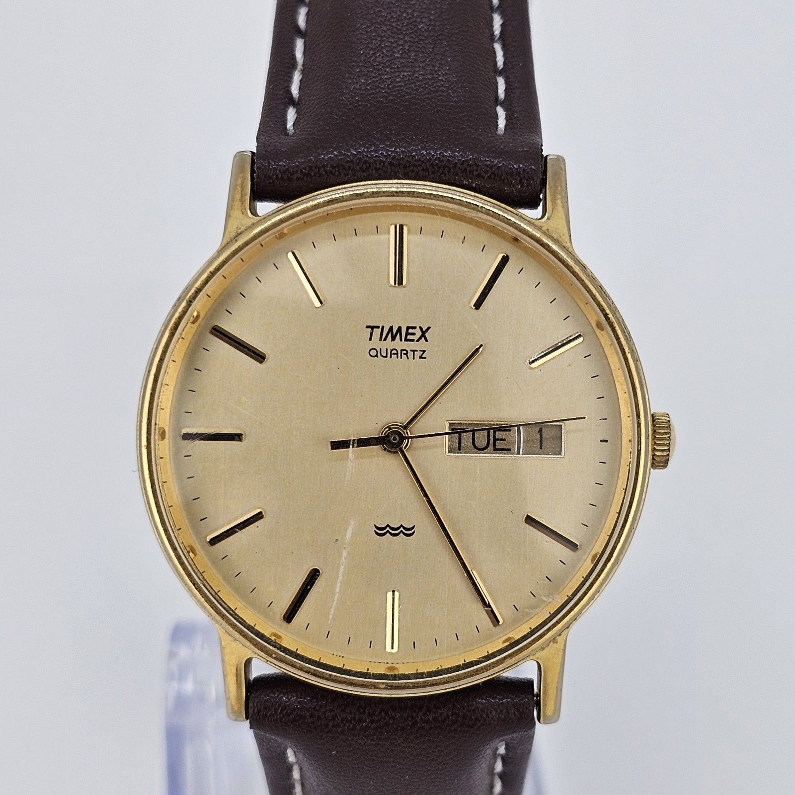 Vtg Timex Mens Watch 32mm Gold Dial Daydate New Brown Leather Bands New Battery